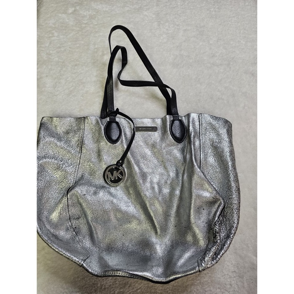 Michael Kors Mae Reversible Tote Silver Pebbled Calf Leather